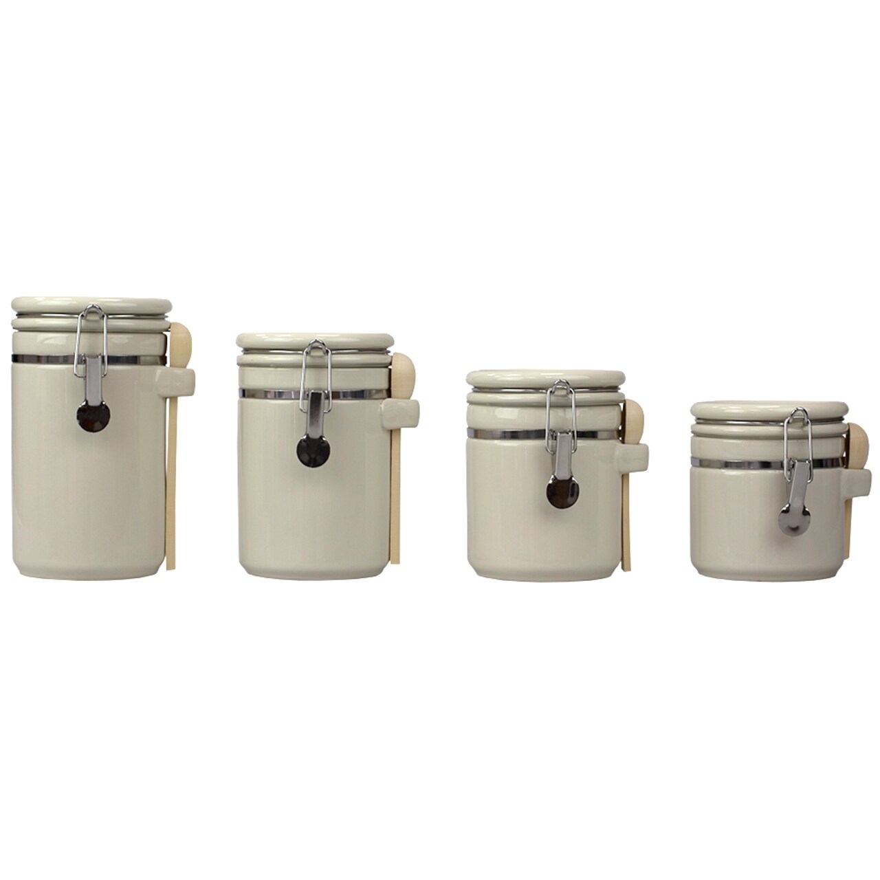 Home Basics 4 Piece Ceramic Canisters Clamp Top Lid and Wooden Spoons, Beige